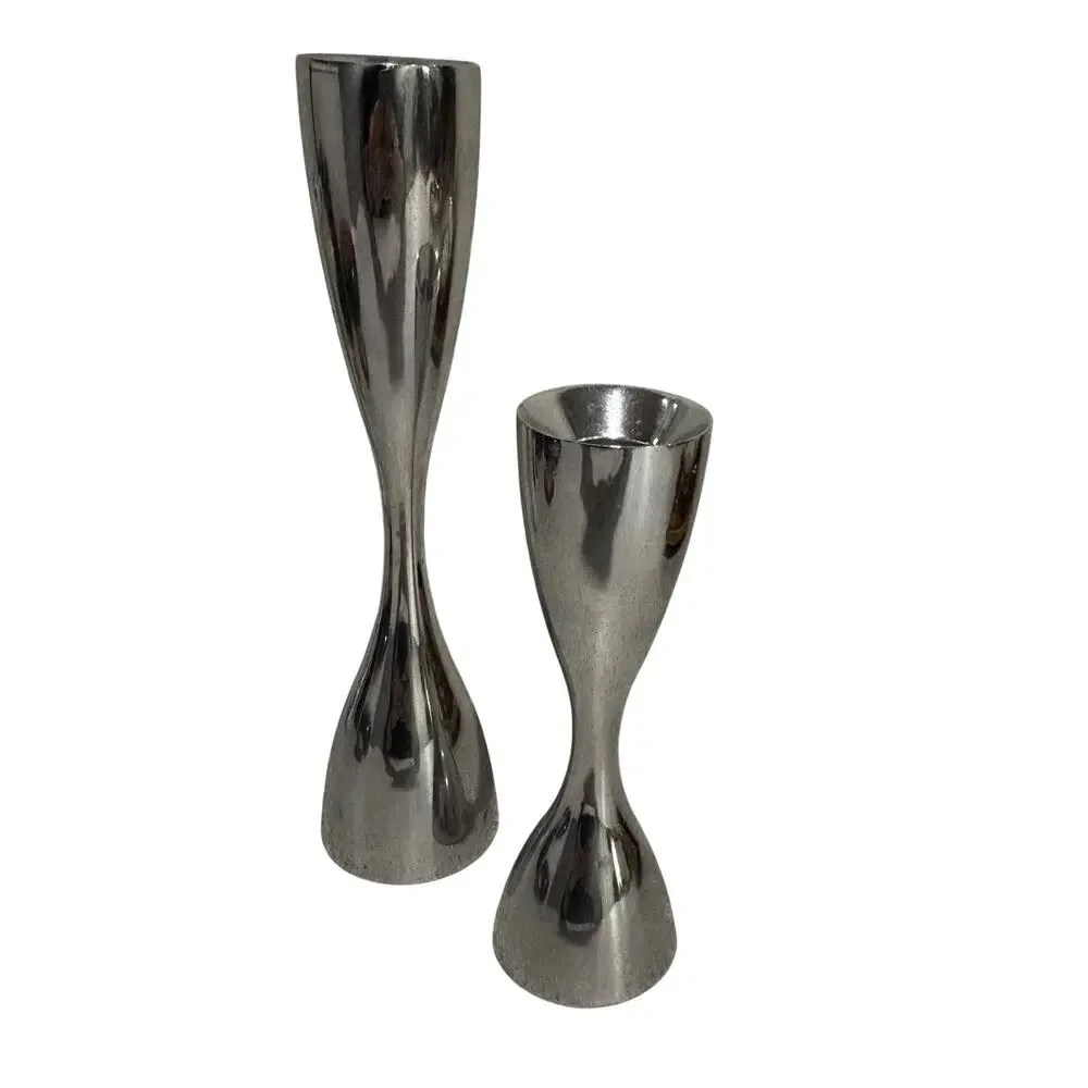 Vintage 1990's Nambe candleholders set of 2 tall & short shapely silver metal